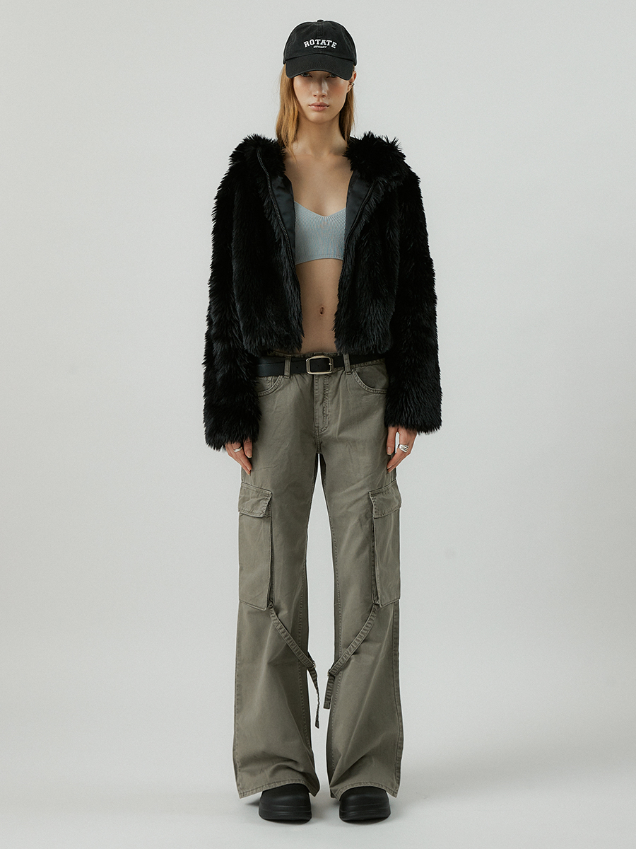 COMELY soft fur crop hoodie jacket [black]