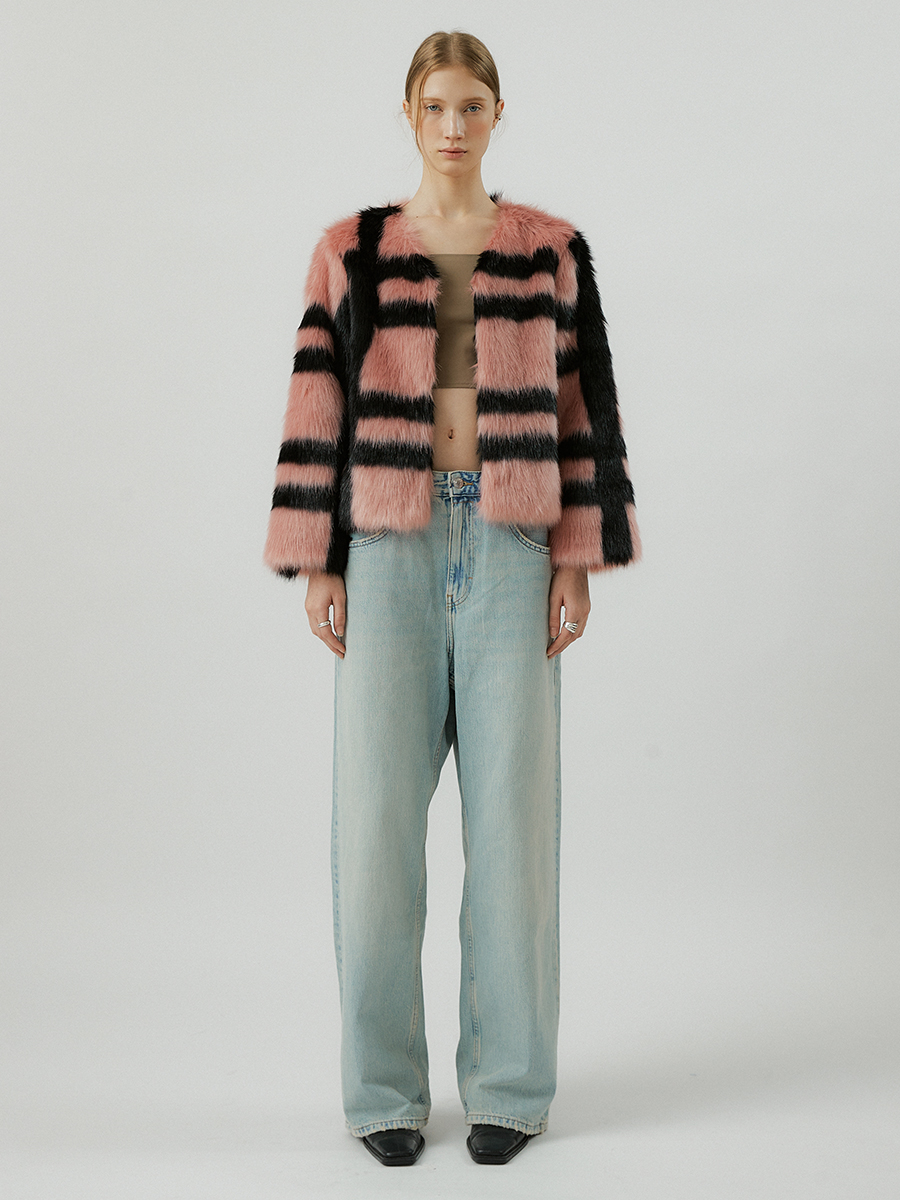 CINDY stripe pattern fur jacket [pink]